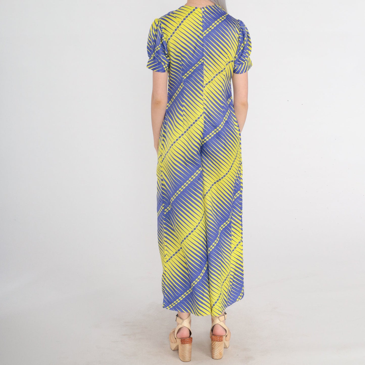 70s Jumpsuit Purple Yellow Striped Psychedelic Empire Waist Wide Leg Puff Sleeve XS