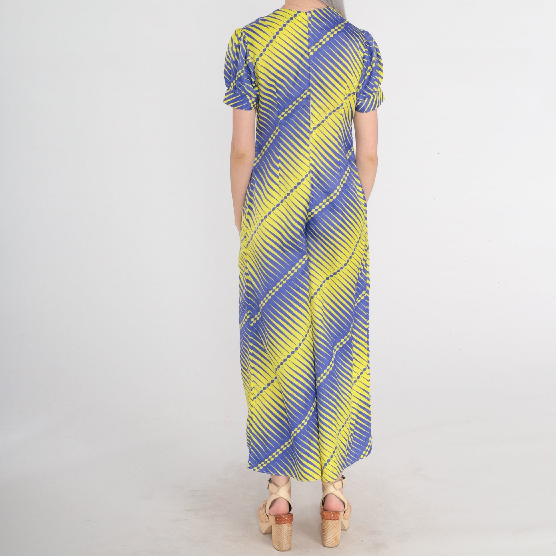 70s Jumpsuit Purple Yellow Striped Psychedelic Empire Waist Wide Leg Puff Sleeve XS