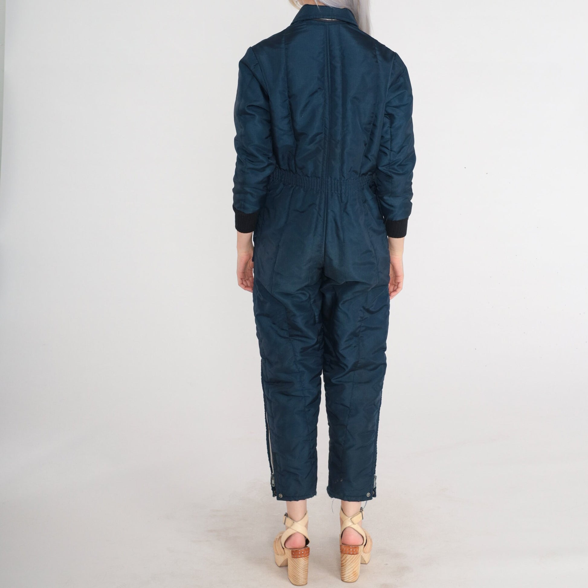 70s Snow Shield Navy Insulated Ski Suit Jumpsuit Ankle Zip XS