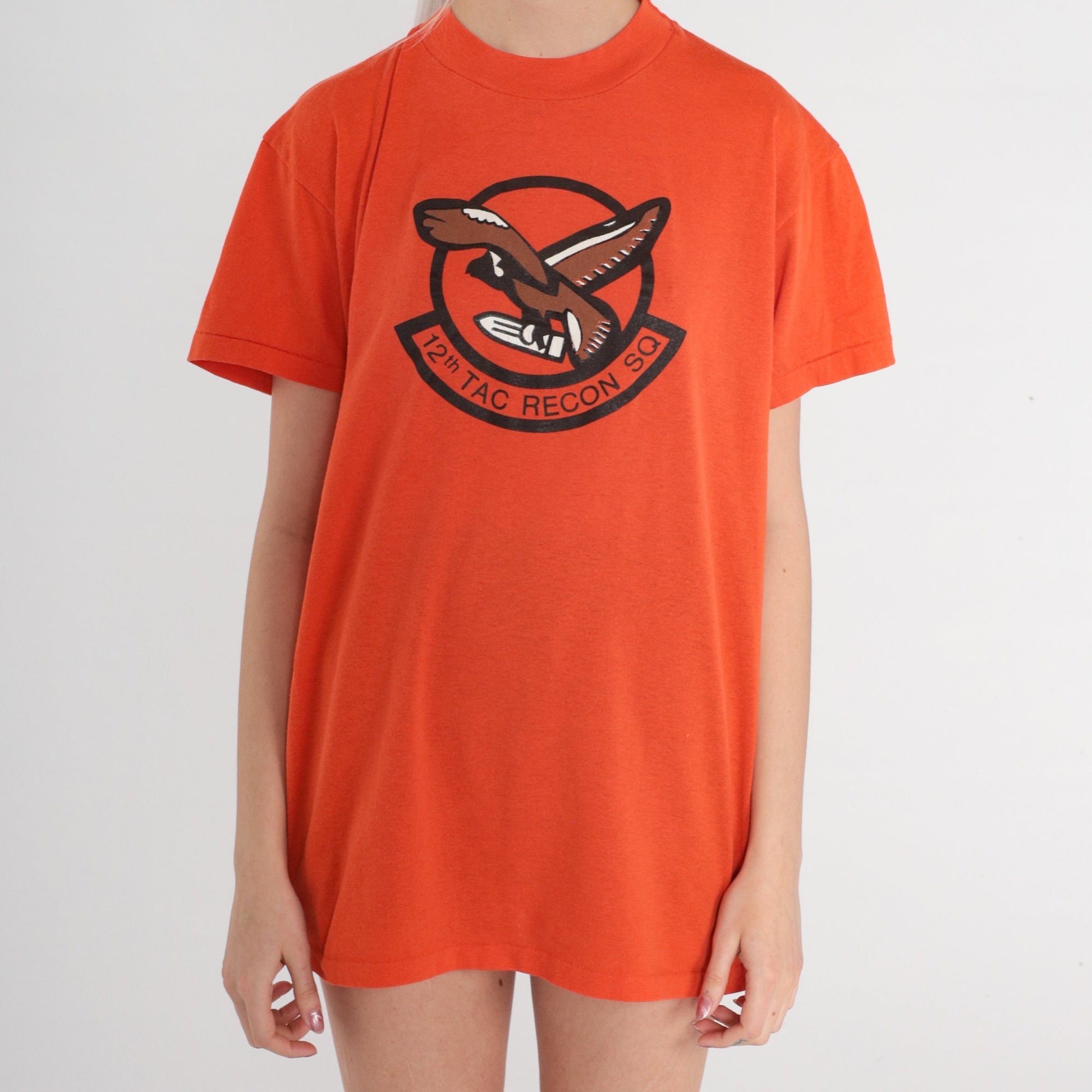 80s 12th Tac Recon Squadron F-16 Graphic T-Shirt Orange Single Stitch Large