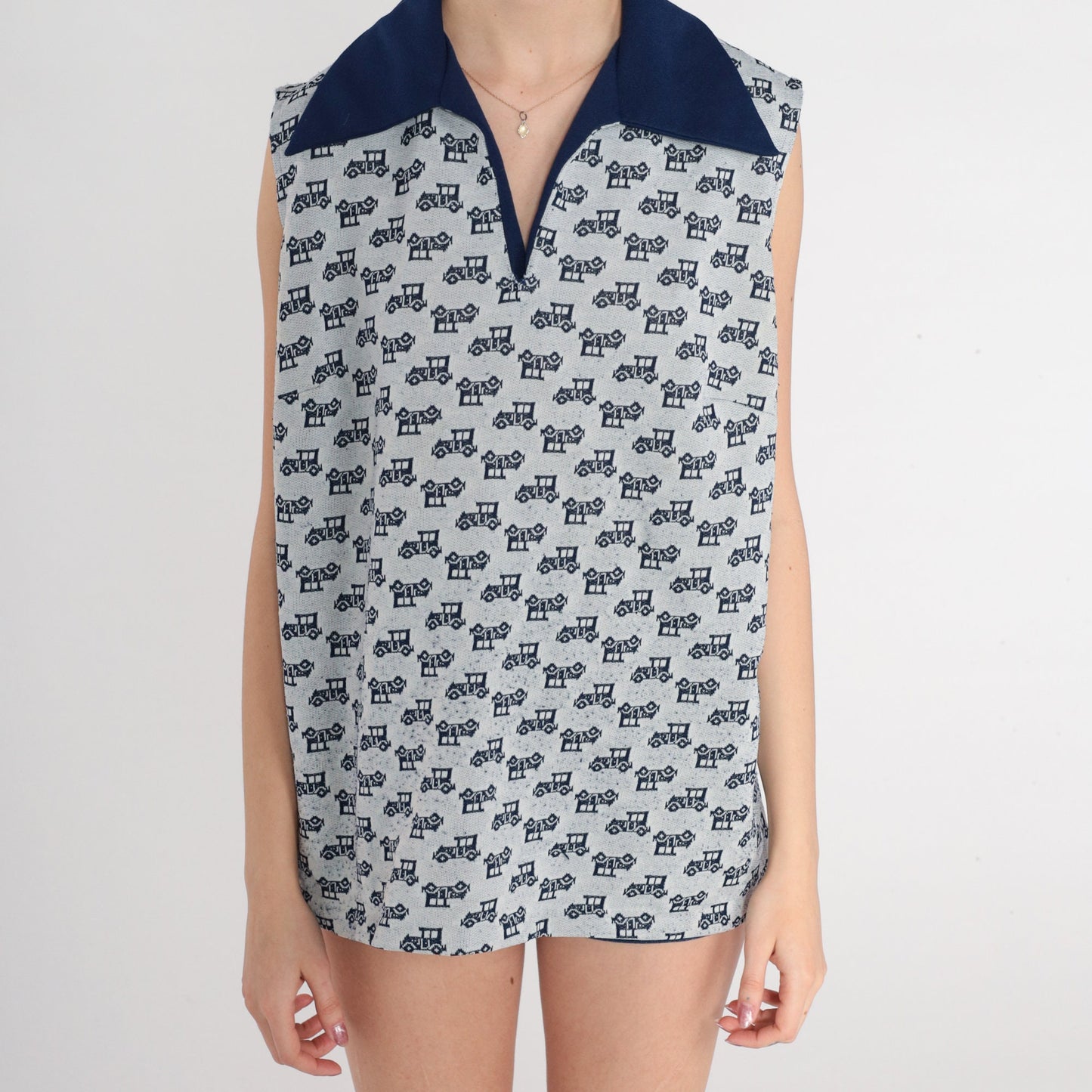 70s Antique Car Print Tank Top Navy Wing Collar Sleeveless Knit Extra Large