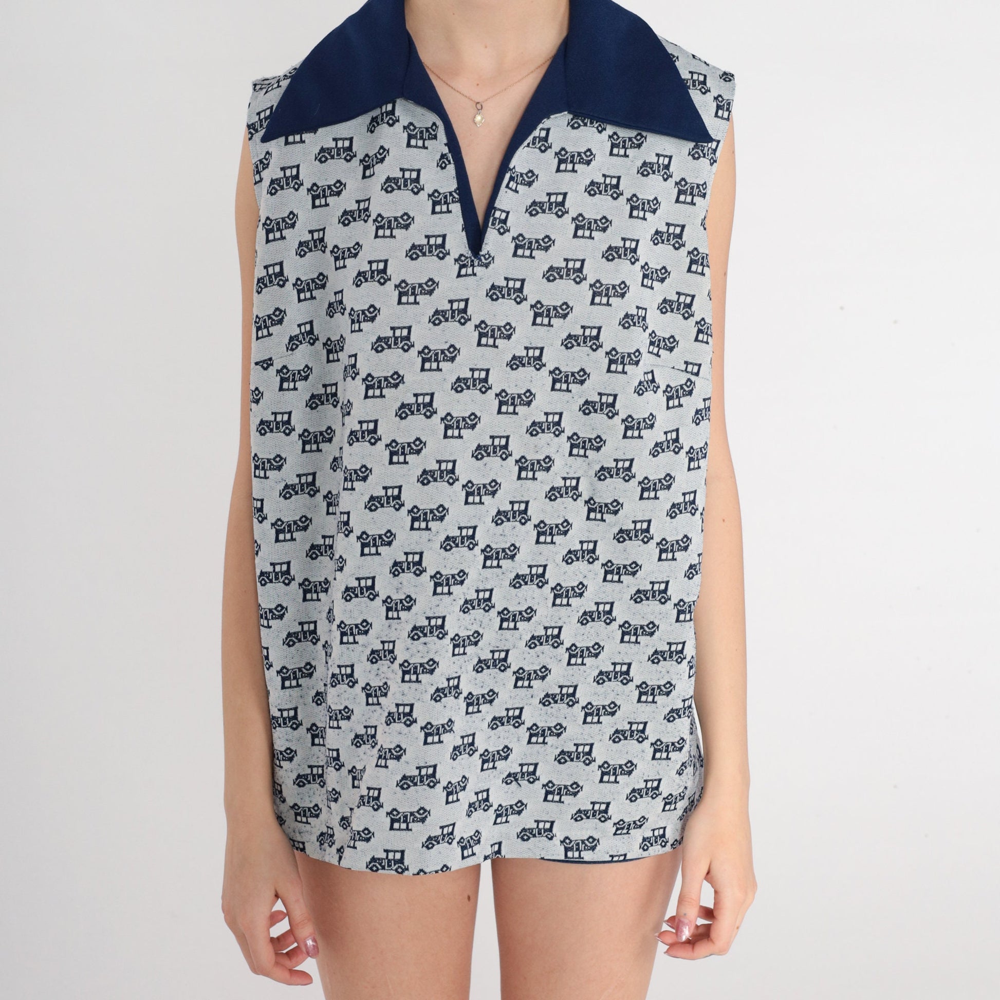 70s Antique Car Print Tank Top Navy Wing Collar Sleeveless Knit Extra Large