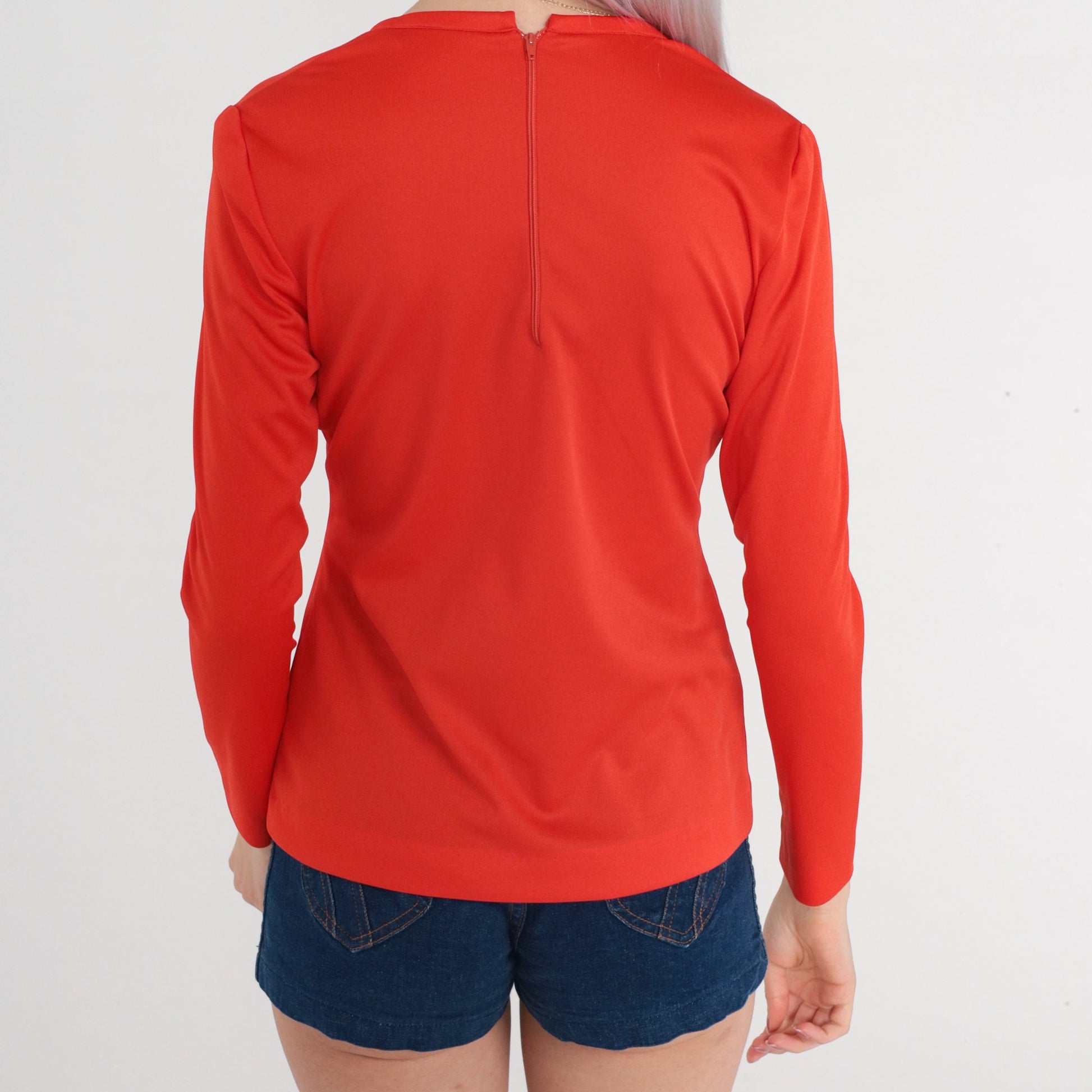70s Red-Orange Scoop Neck Long Sleeve Shirt Small