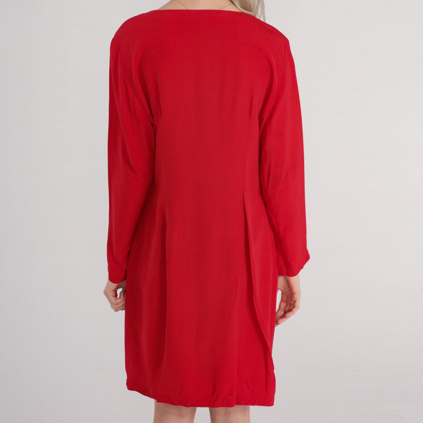 80s Red Button-Up Mini Dress Long Sleeve Sheath Pencil Cut Medium