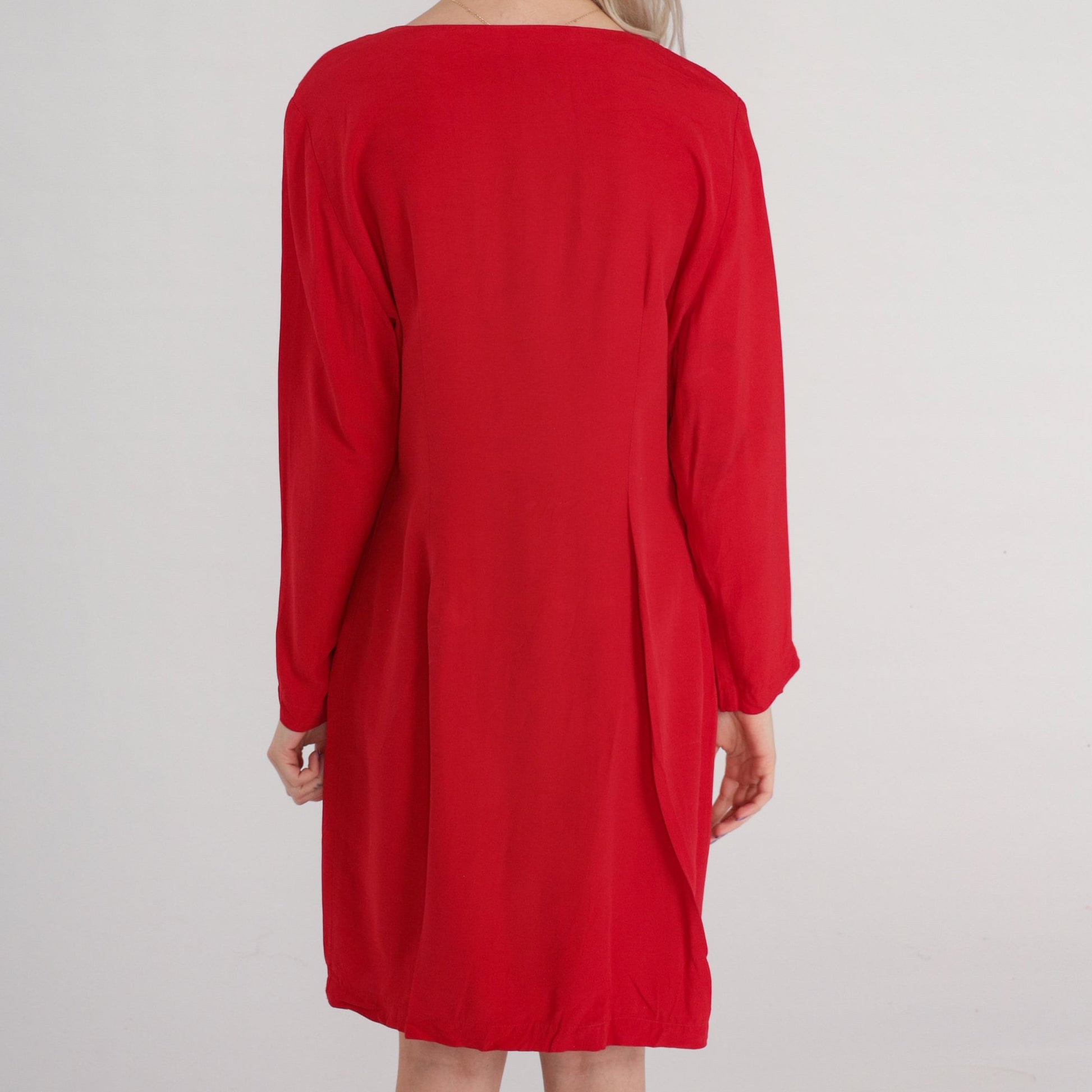 80s Red Button-Up Mini Dress Long Sleeve Sheath Pencil Cut Medium