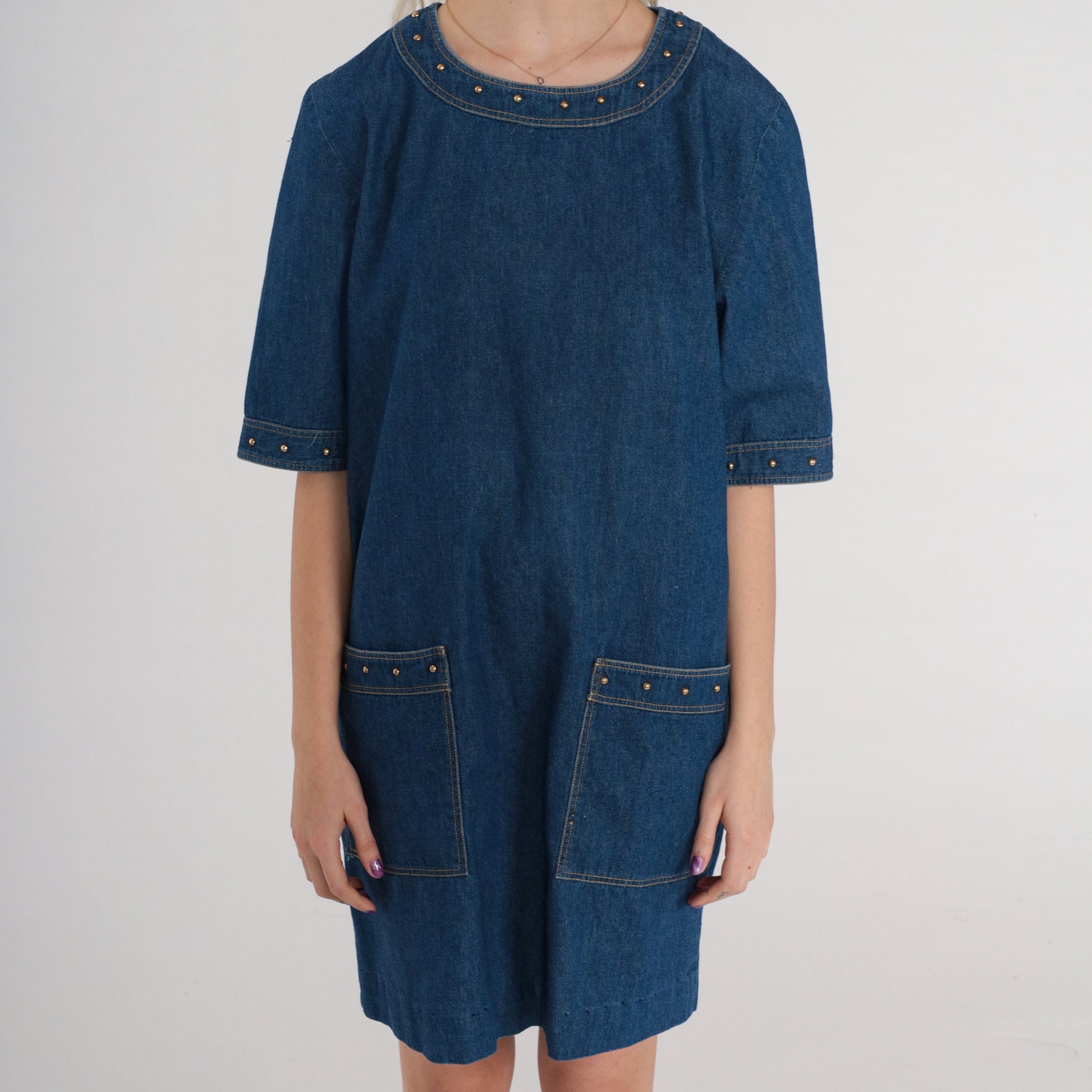 90s Blue Denim Mini Dress Gold Studs Short Sleeve Shift Medium M