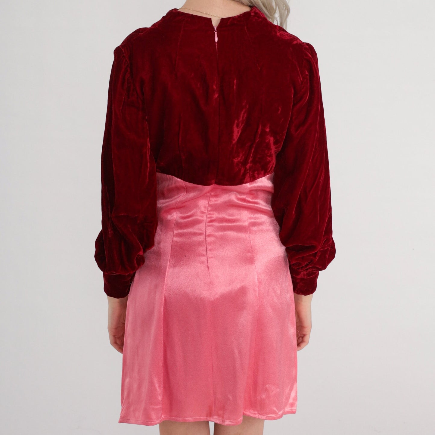 70s Velvet Babydoll Mini Dress Red Pink Empire Waist Long Sleeve Small