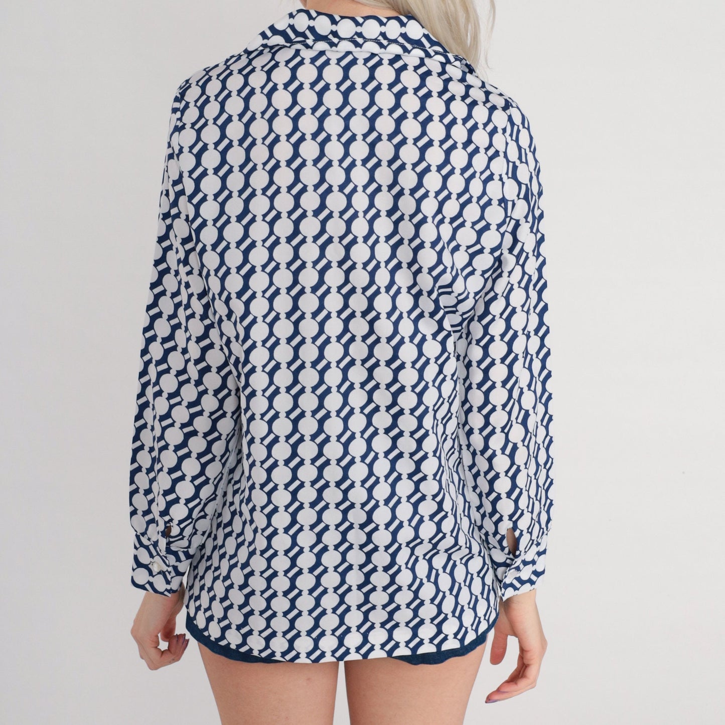 70s Geometric Dot Print Button-Up Blouse Wing Collar White Blue Medium