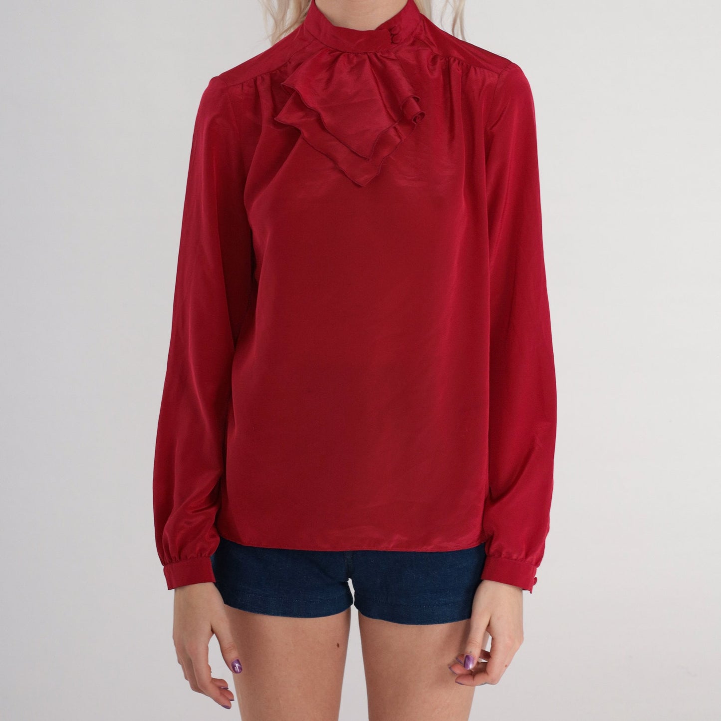 70s Red Ruffle Jabot Collar Blouse Long Sleeve Polyester Small