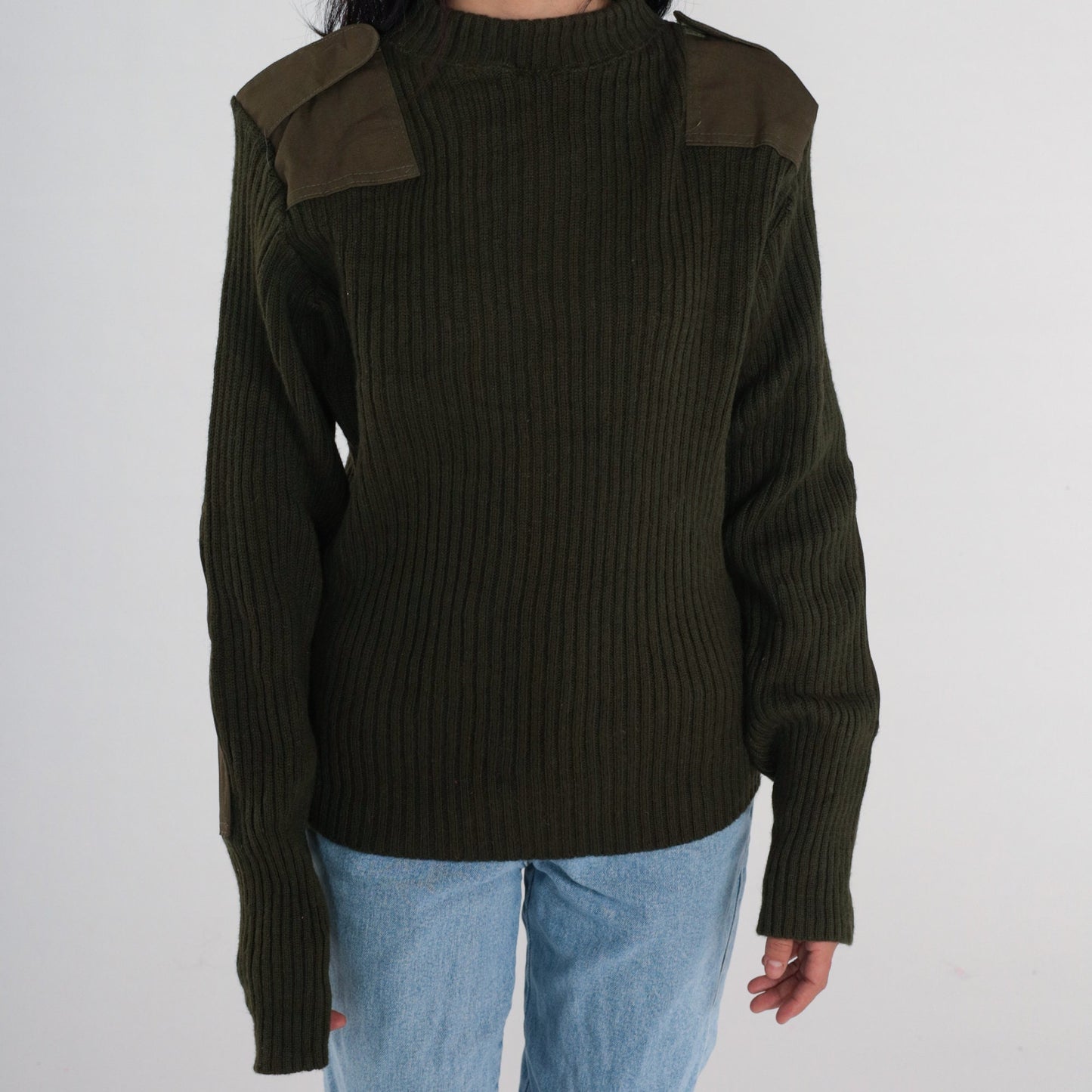 Wool Army Sweater Military Pullover Olive Drab Elbow Patch Small