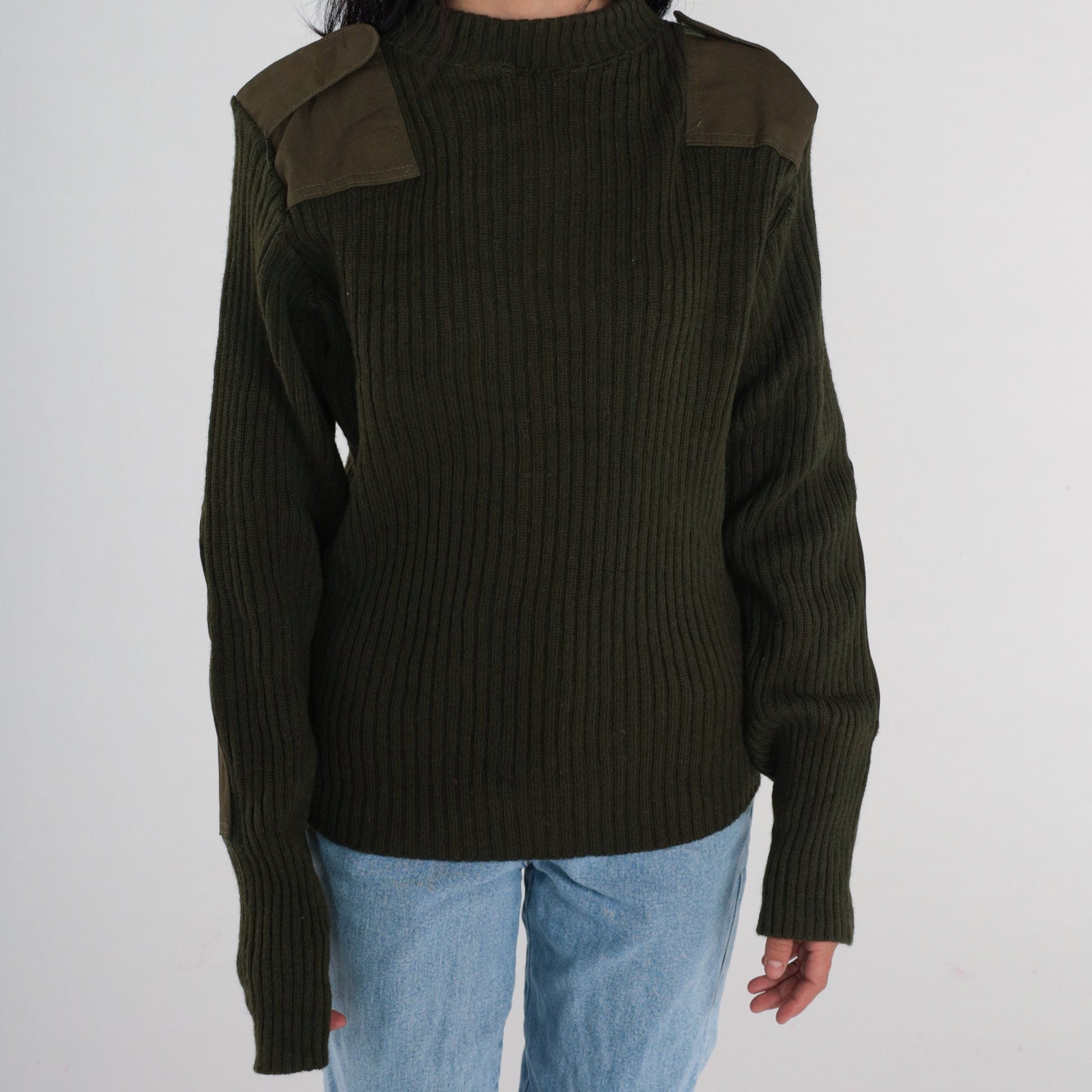 Wool Army Sweater Military Pullover Olive Drab Elbow Patch Small