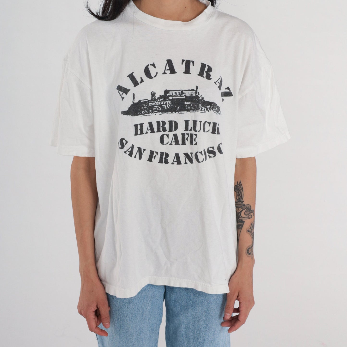 90s Alcatraz Hard Luck Cafe San Francisco Graphic T-Shirt White Large L