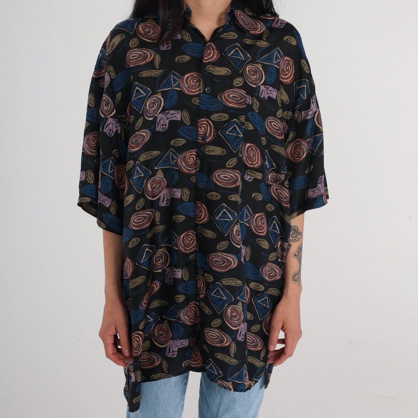 90s Robert Stock Silk Button-Up Shirt Abstract Geometric Print Black Blue Large