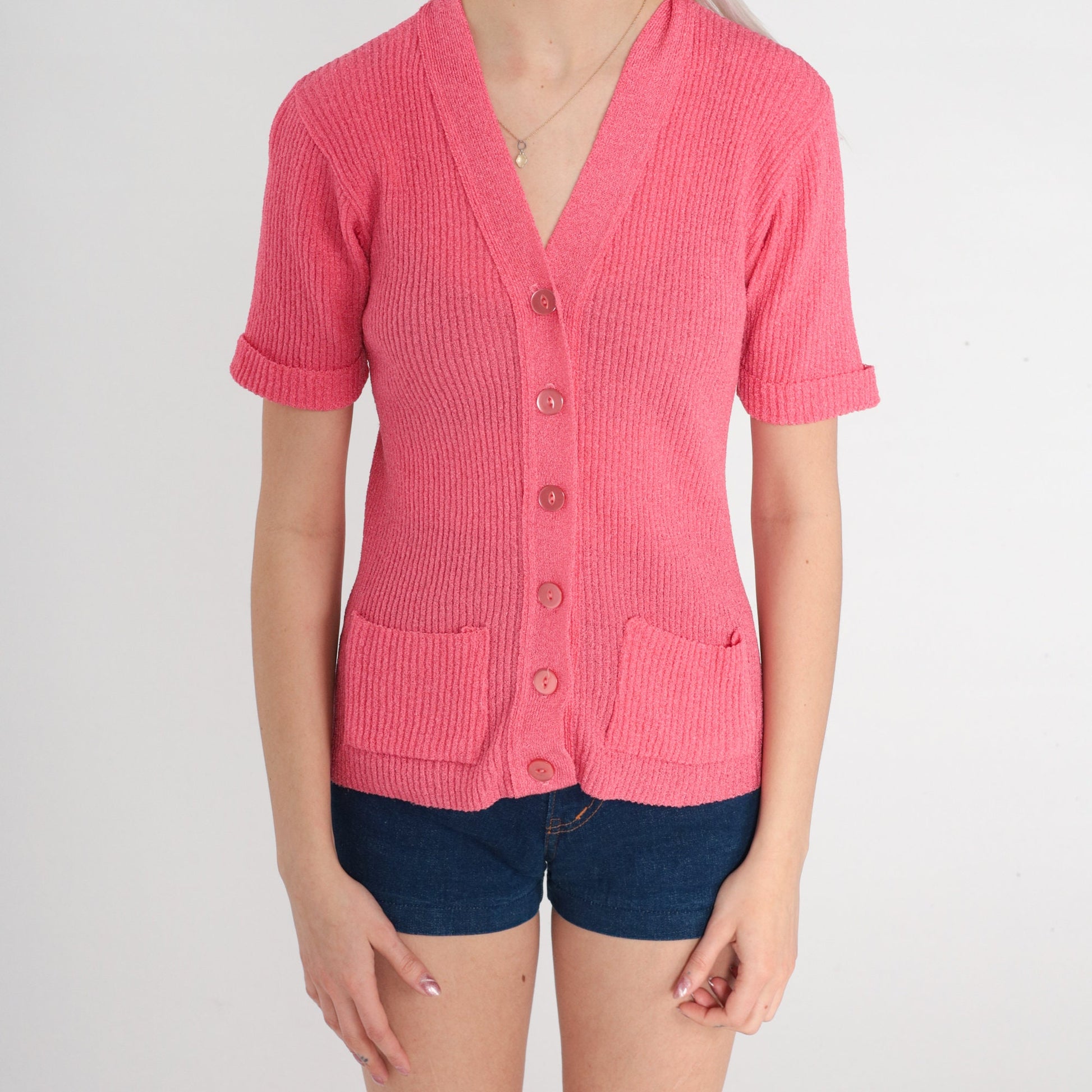 70s Pink Ribbed Knit Cardigan Short Sleeve Button Up Top Small