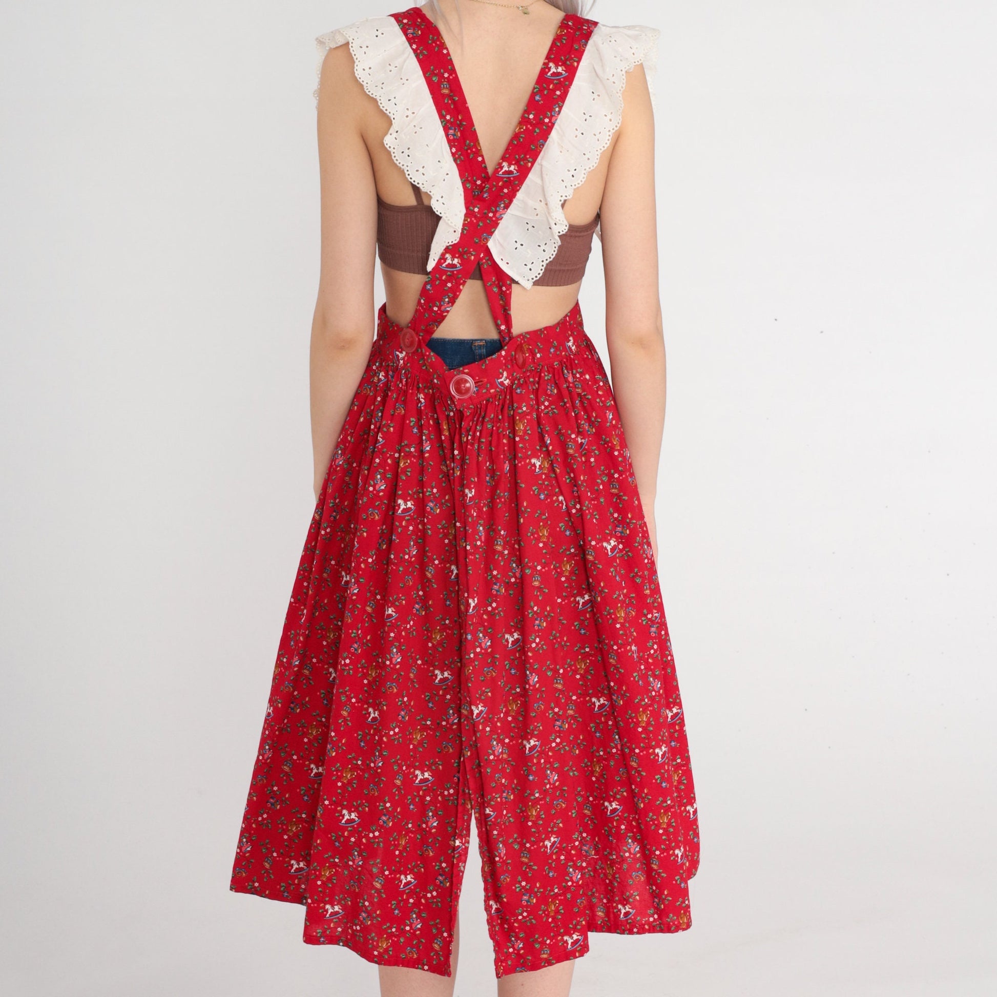 80s Red Eyelet Apron Dress Christmas Print Teddy Bears Trains Medium M