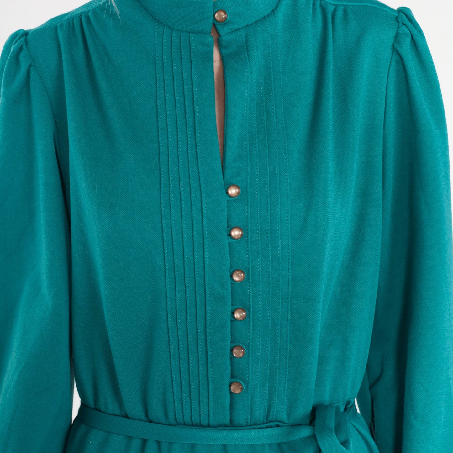 1970s Teal Green Wool Blend Mini Dress Puff Sleeve Button-Up High Waist Medium