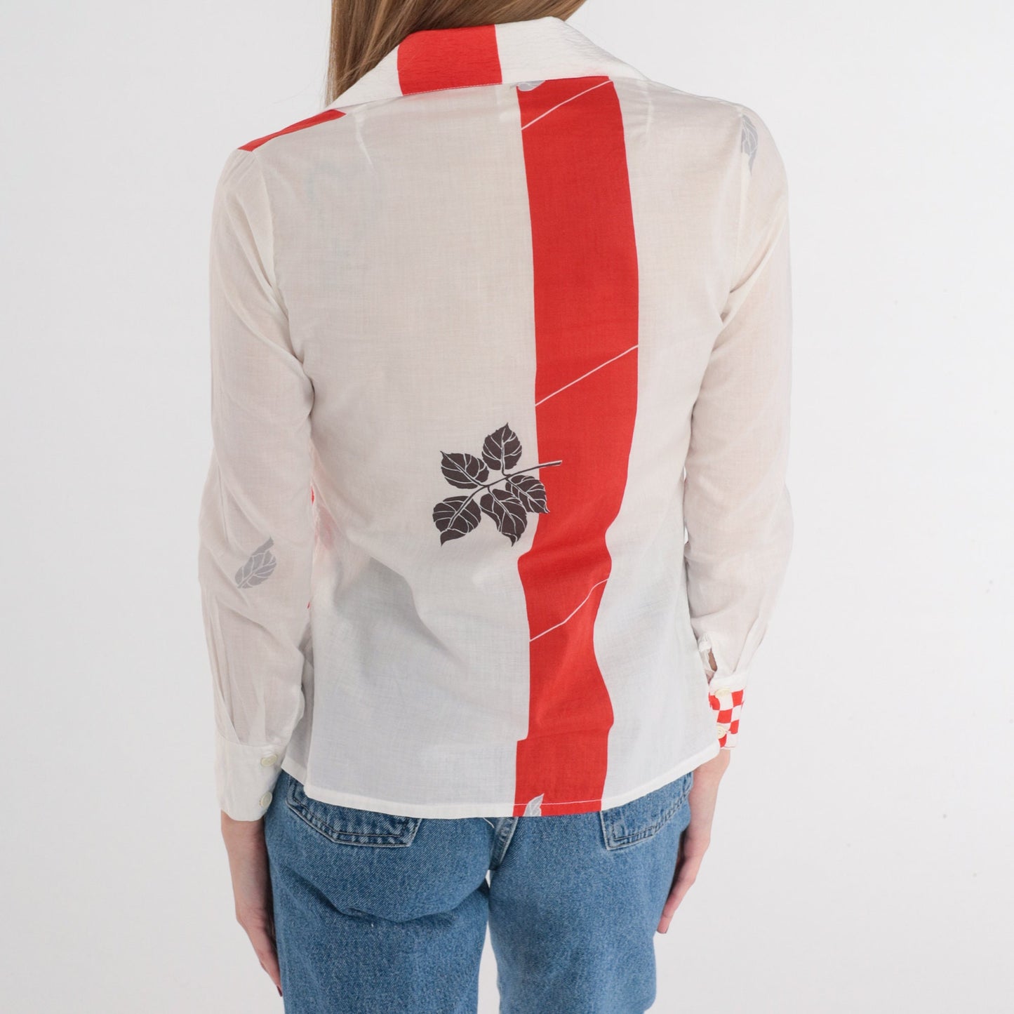 80s Leaf Print Button-Up Blouse White Red Checkered Striped Long Sleeve Extra Small