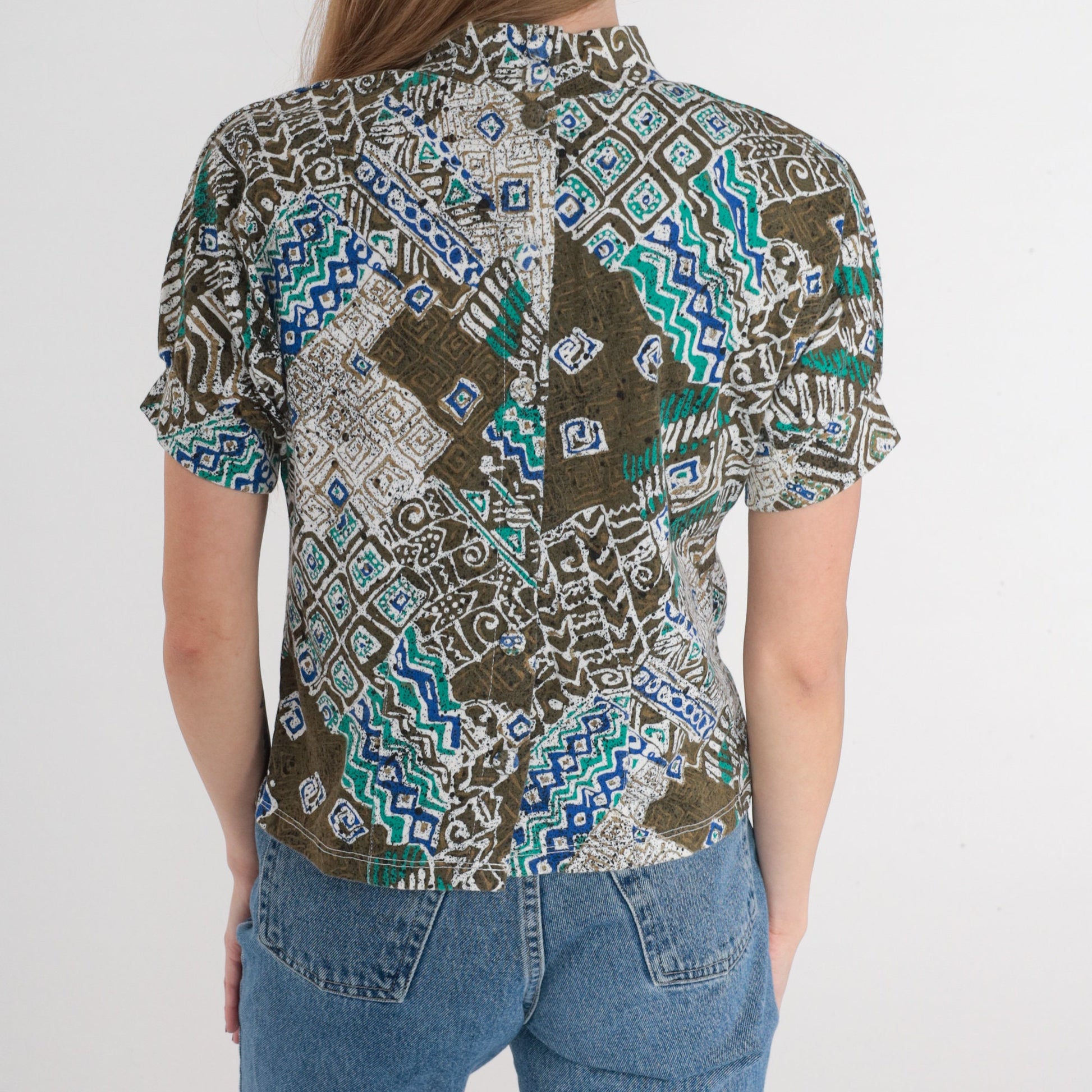 80s Batik Blouse Mandarin Collar Puff Sleeve Brown Olive Abstract Top XS
