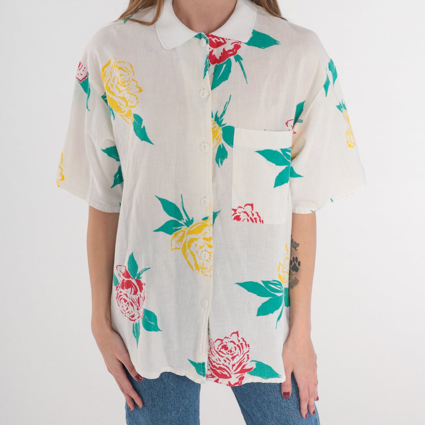 90s Rose Floral White Button-Up Blouse Short Sleeve Collared Top Medium M