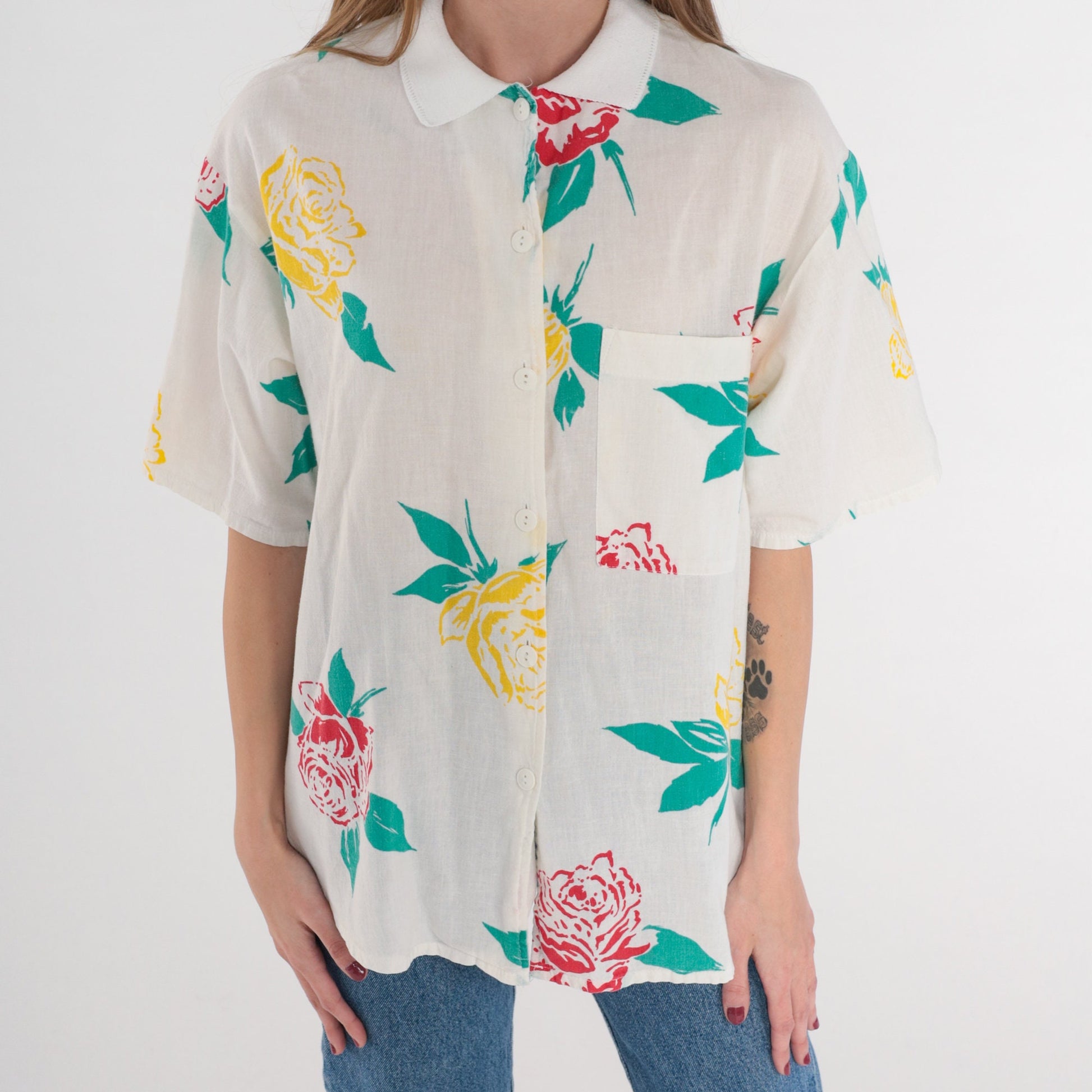 90s Rose Floral White Button-Up Blouse Short Sleeve Collared Top Medium M