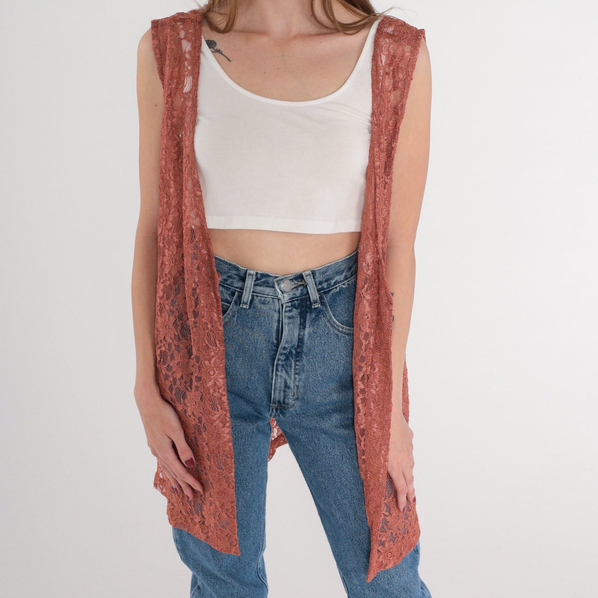 90s Floral Lace Vest Terracotta Sheer Open Front Longline Large L