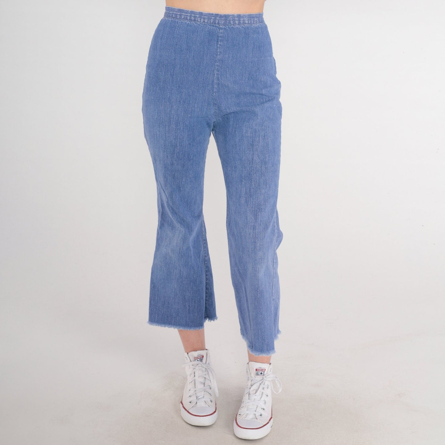 70s Bell Bottom Jeans Cropped High Rise Raw Hem Blue Denim Extra Small