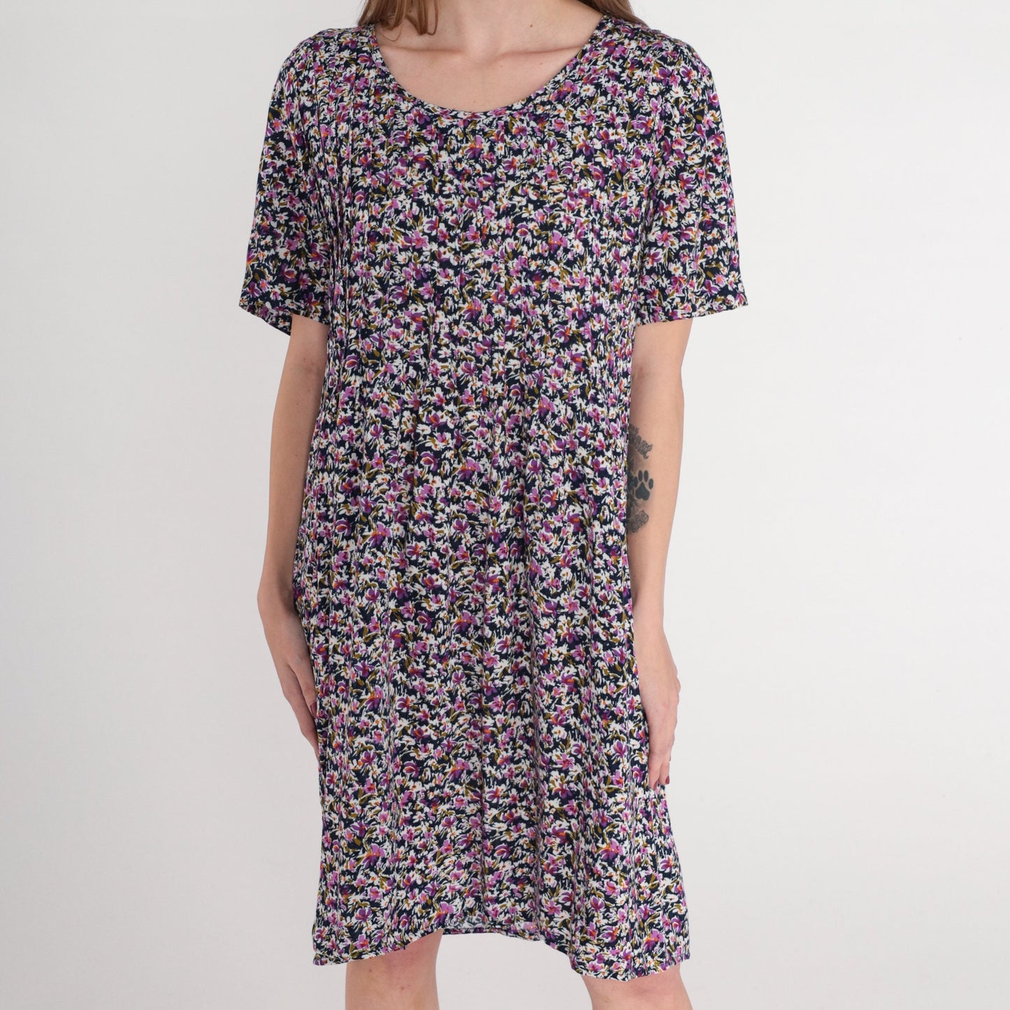 90s Navy Floral Mini Dress Purple Print High Waist Tie Back Medium Large