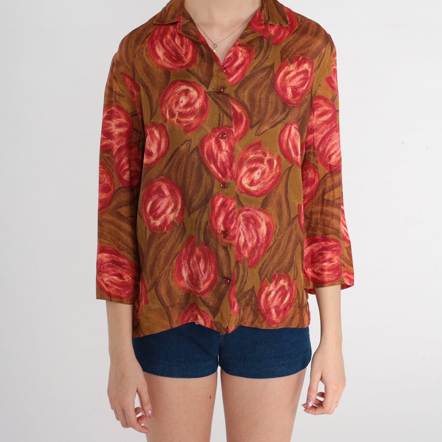 70s Tulip Print Silk Blouse Brown Button Up Floral Shirt 3/4 Sleeve Medium