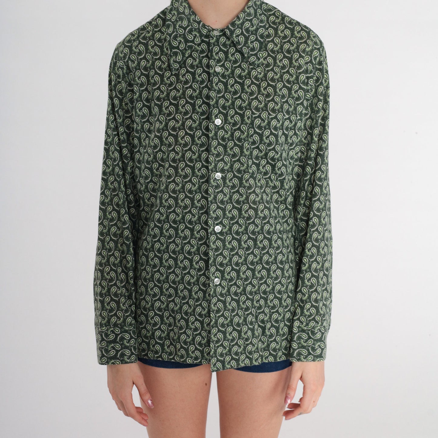 70s Paisley Button-Up Shirt Dark Green Pointed Collar Disco Long Sleeve Medium