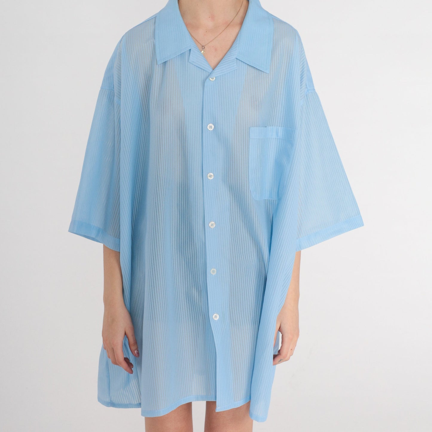 80s Striped Blue Button-Up Shirt Mens 3XL Tall Short Sleeve Chest Pocket