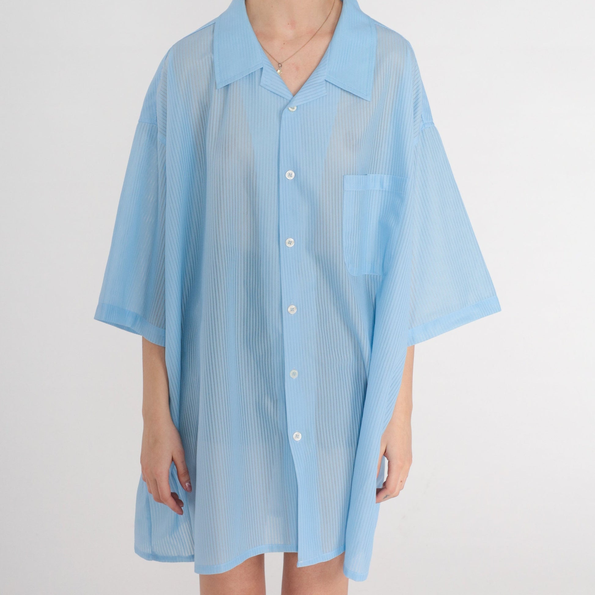 80s Striped Blue Button-Up Shirt Mens 3XL Tall Short Sleeve Chest Pocket