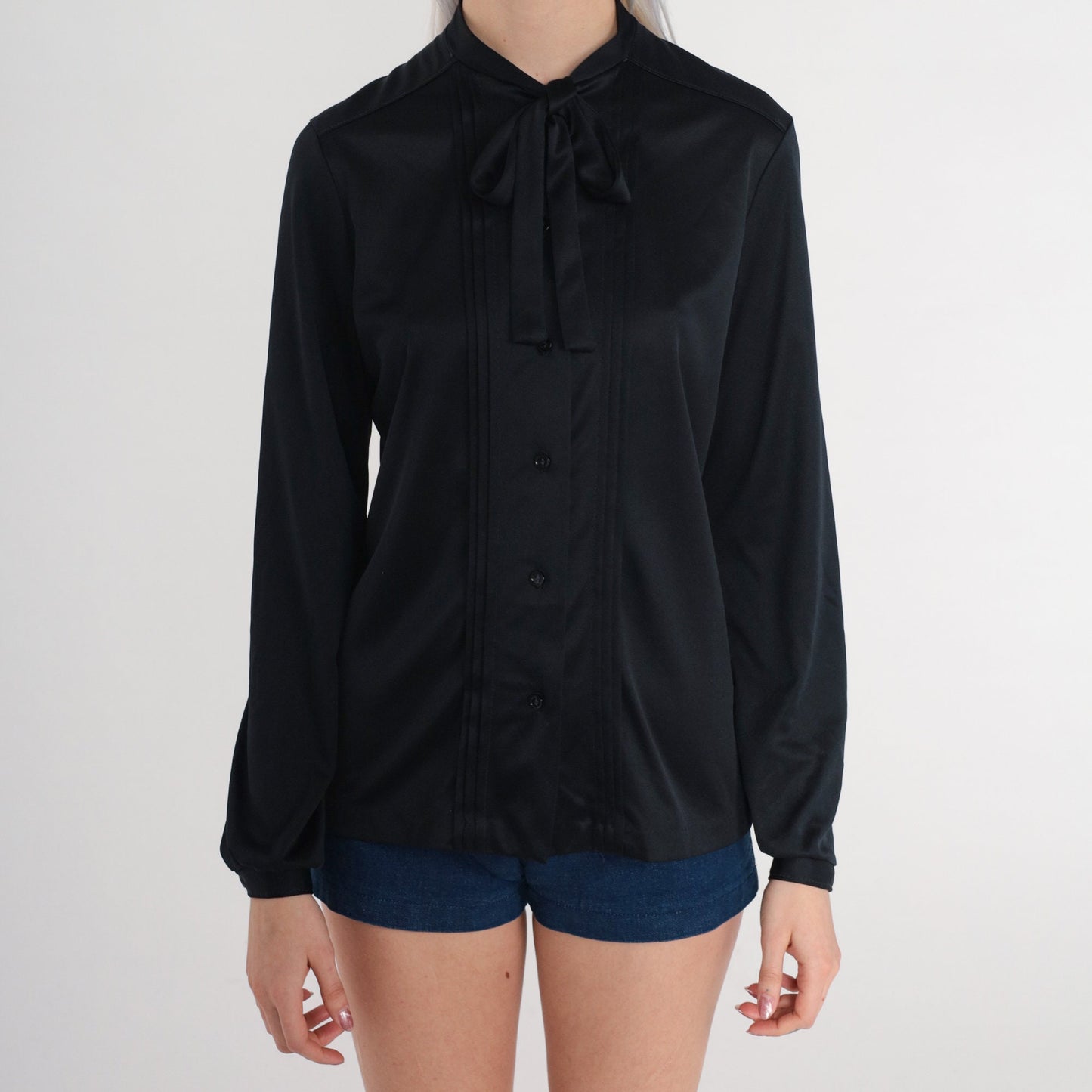 70s Black Ascot Blouse Button-Up Pleated Long Sleeve Neck Bow Small