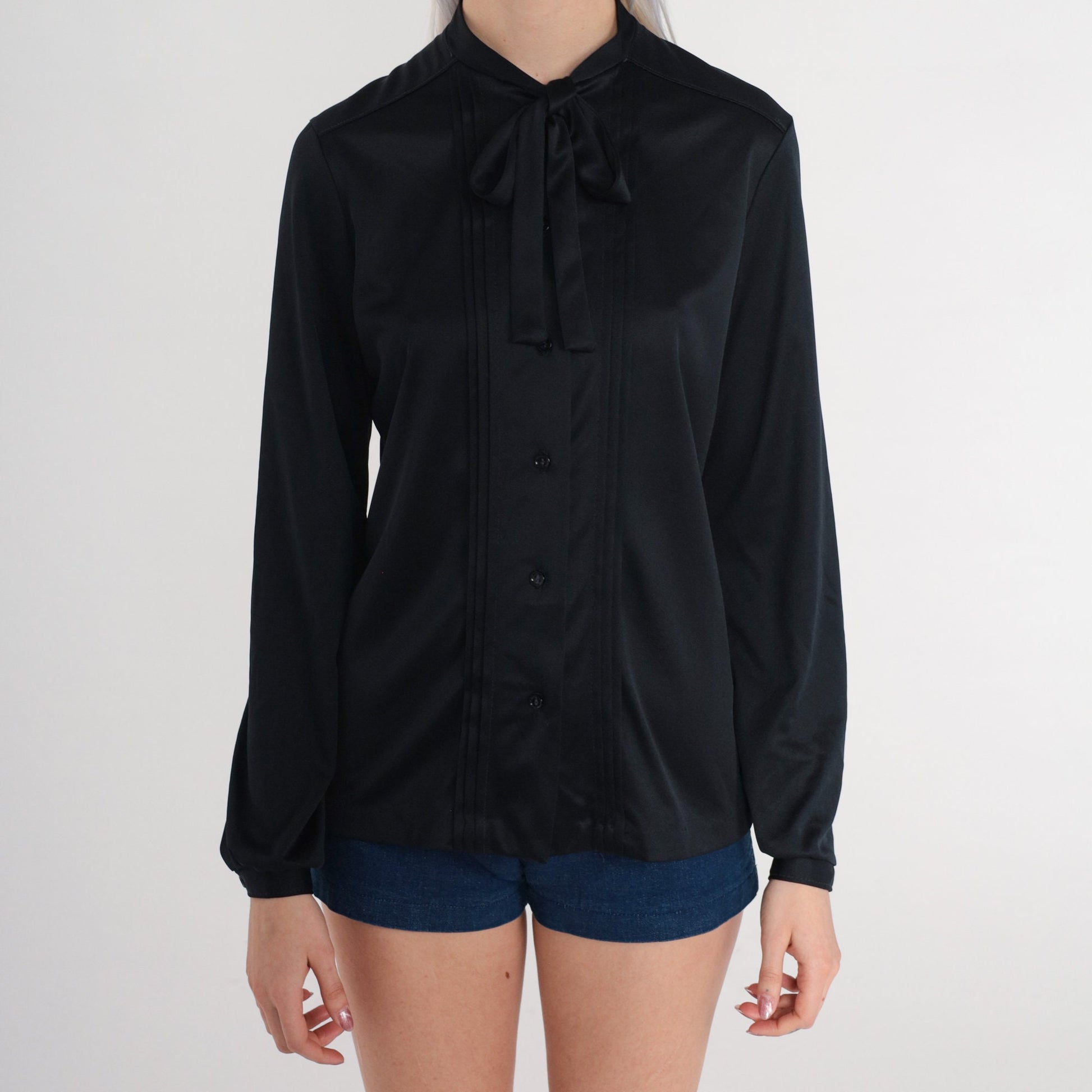 70s Black Ascot Blouse Button-Up Pleated Long Sleeve Neck Bow Small