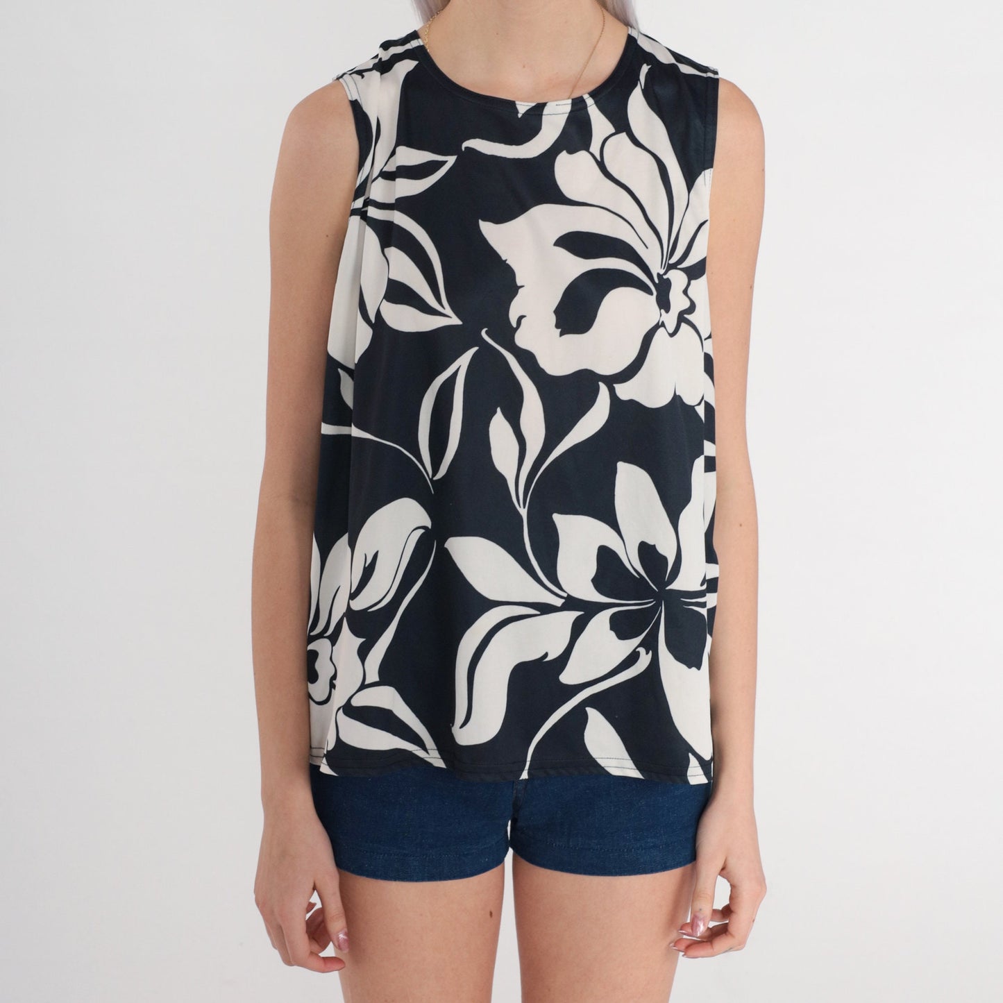 80s Black White Tropical Floral Tank Top Sleeveless Blouse Large L
