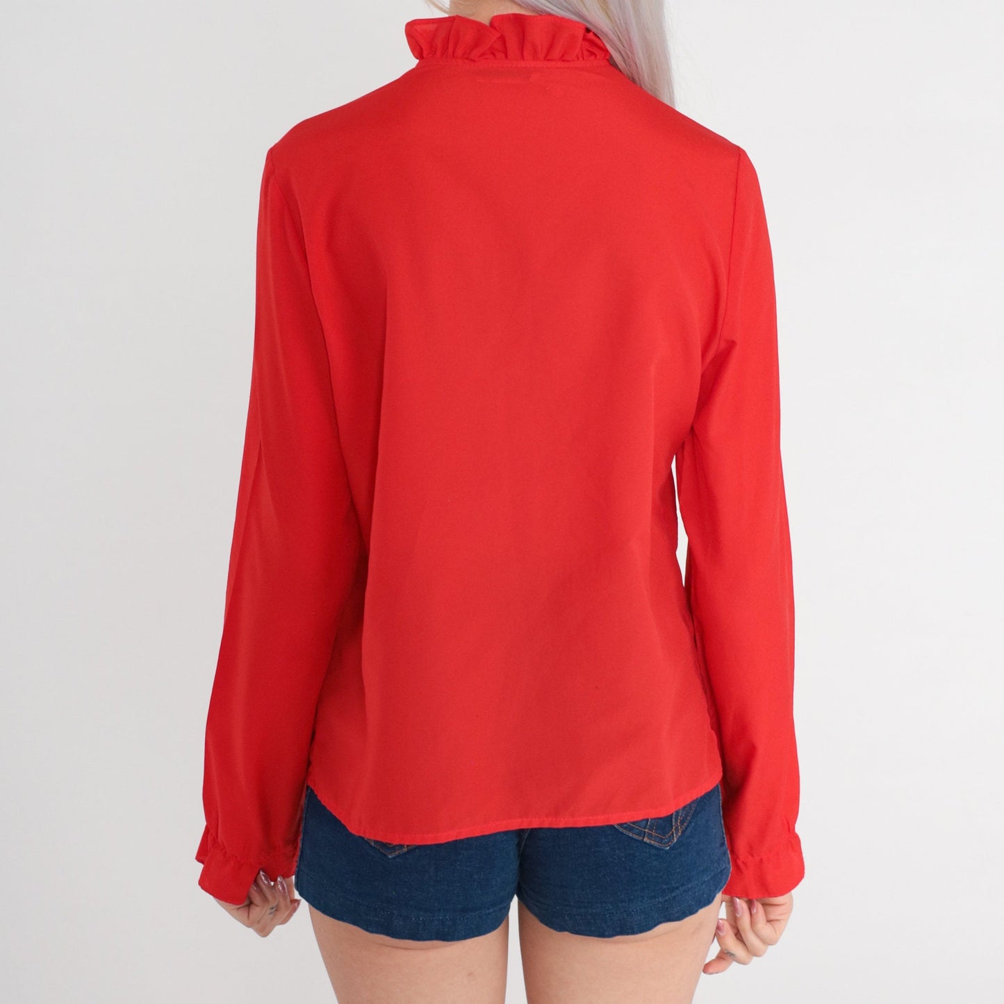 80s Red Ruffle Blouse High Neck Button-Up Sheer Long Sleeve Small