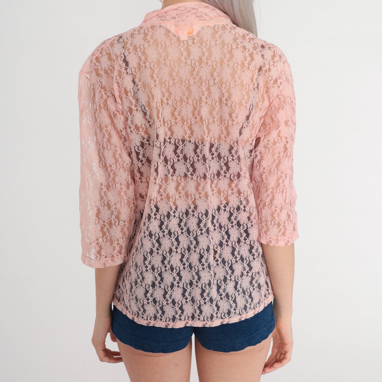 70s Playmate Pink Lace Bed Jacket 3/4 Sleeve Open Front Medium M