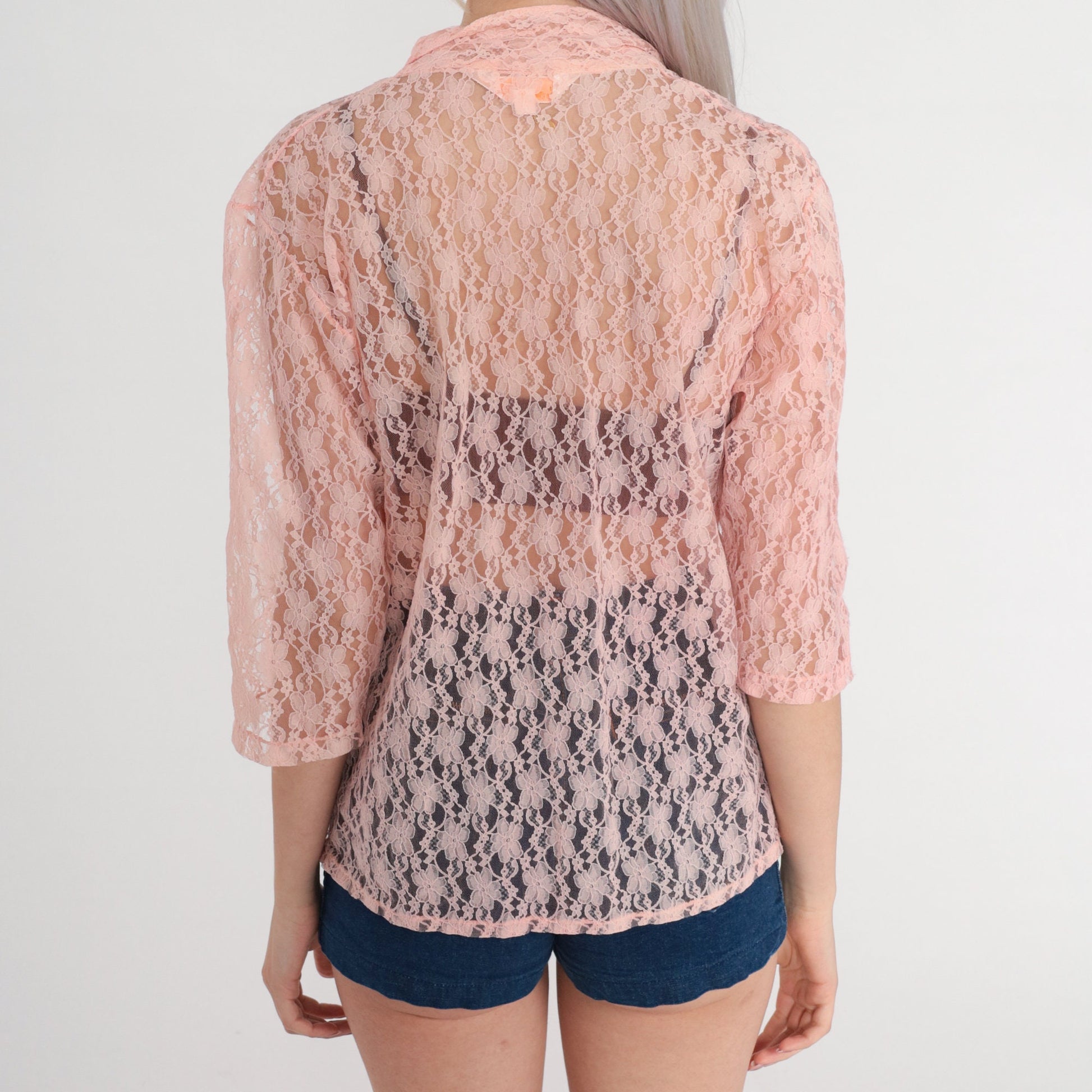 70s Playmate Pink Lace Bed Jacket 3/4 Sleeve Open Front Medium M