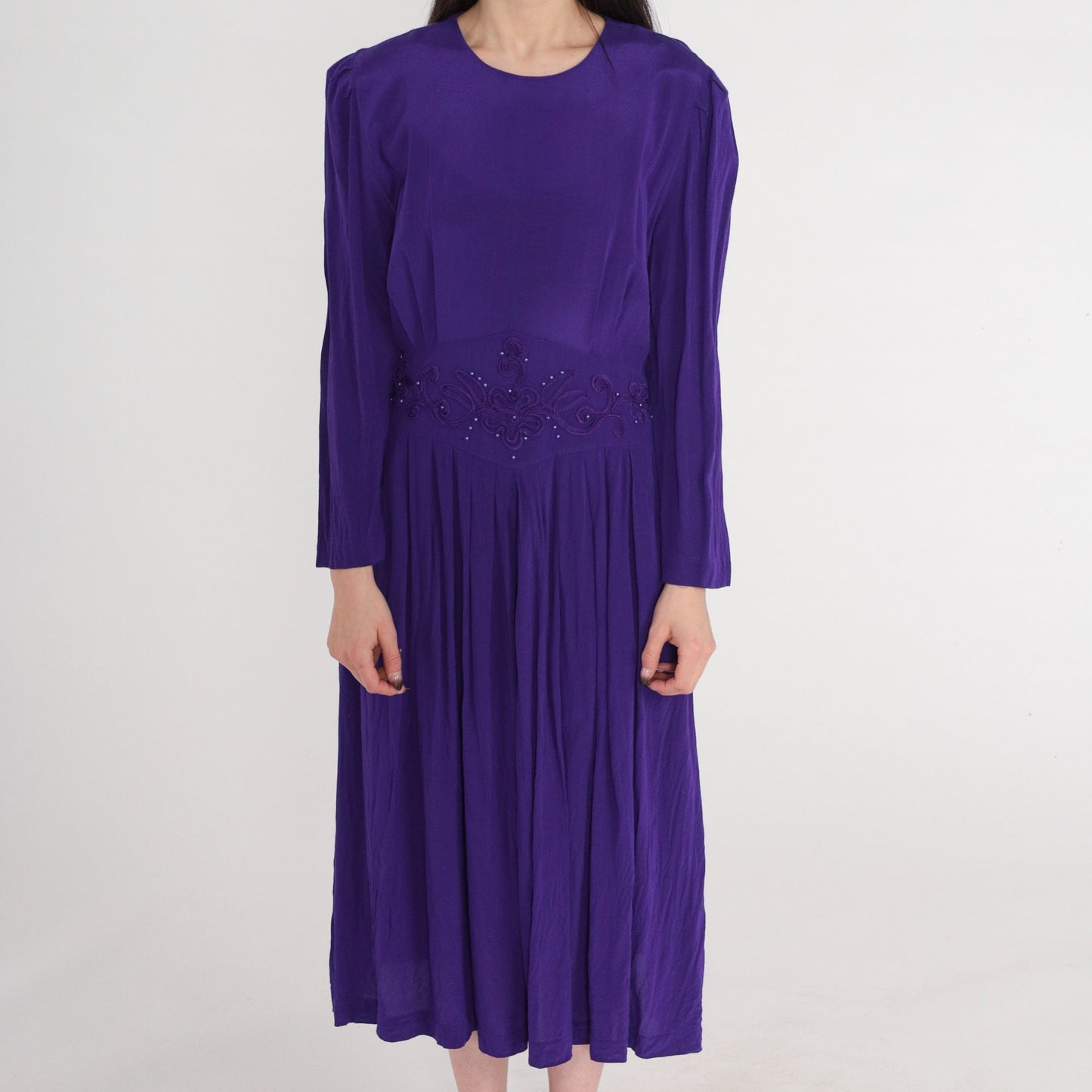 80s Karin Stevens Royal Purple Beaded Midi Dress Puff Sleeve Medium