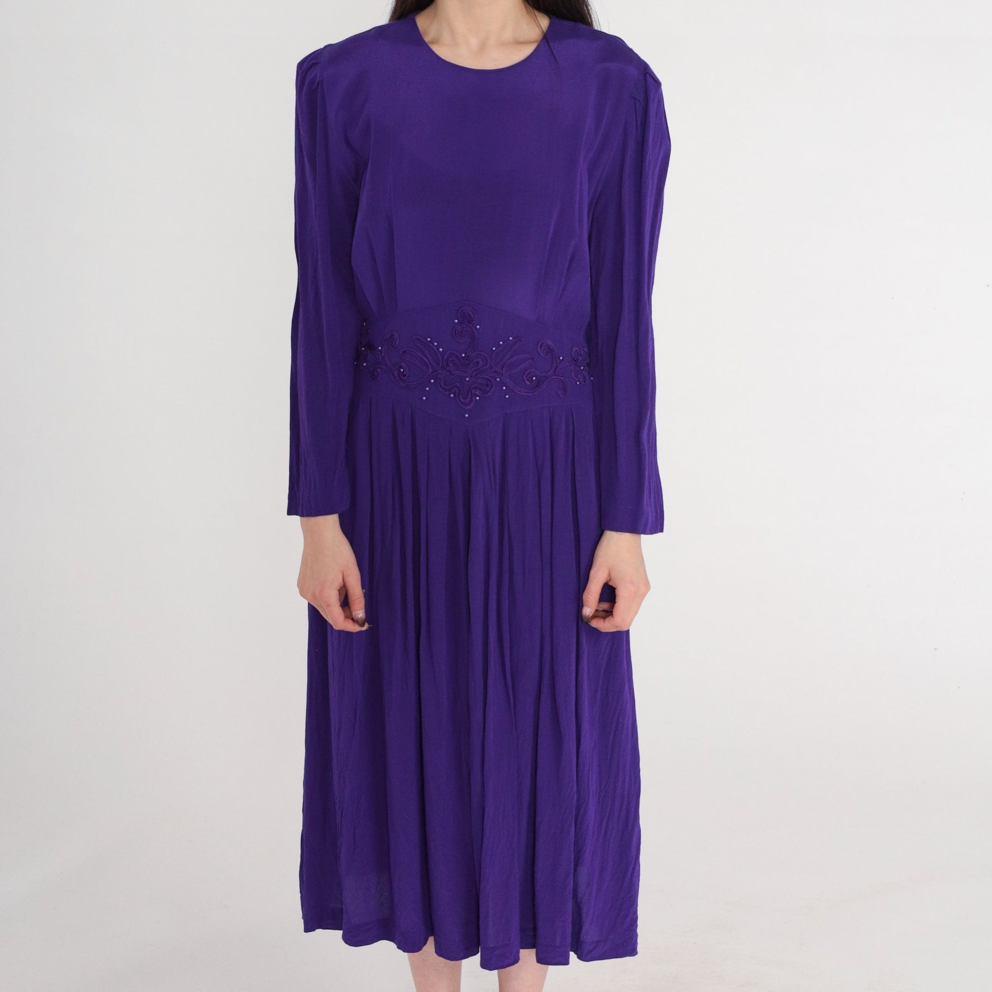 80s Karin Stevens Royal Purple Beaded Midi Dress Puff Sleeve Medium