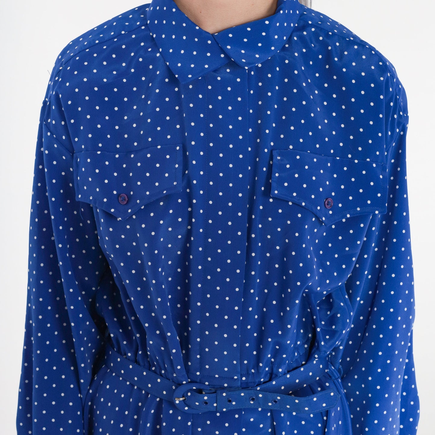 1970s Blue Polka Dot Mini Dress Button-Up High Waist Belt Long Sleeve Medium