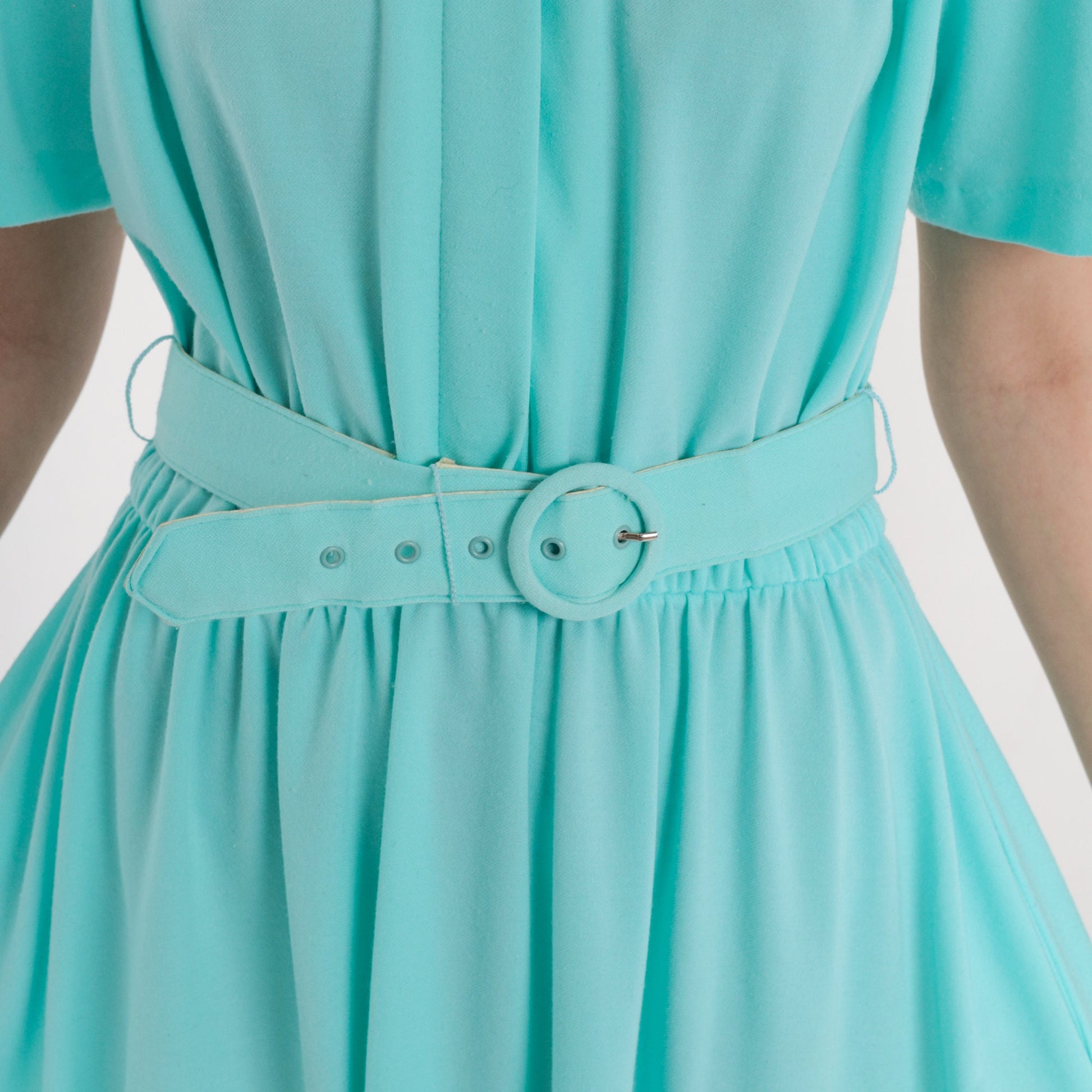 80s Mint Blue Button-Up Midi Shirtdress High Waisted Belted Secretary Medium