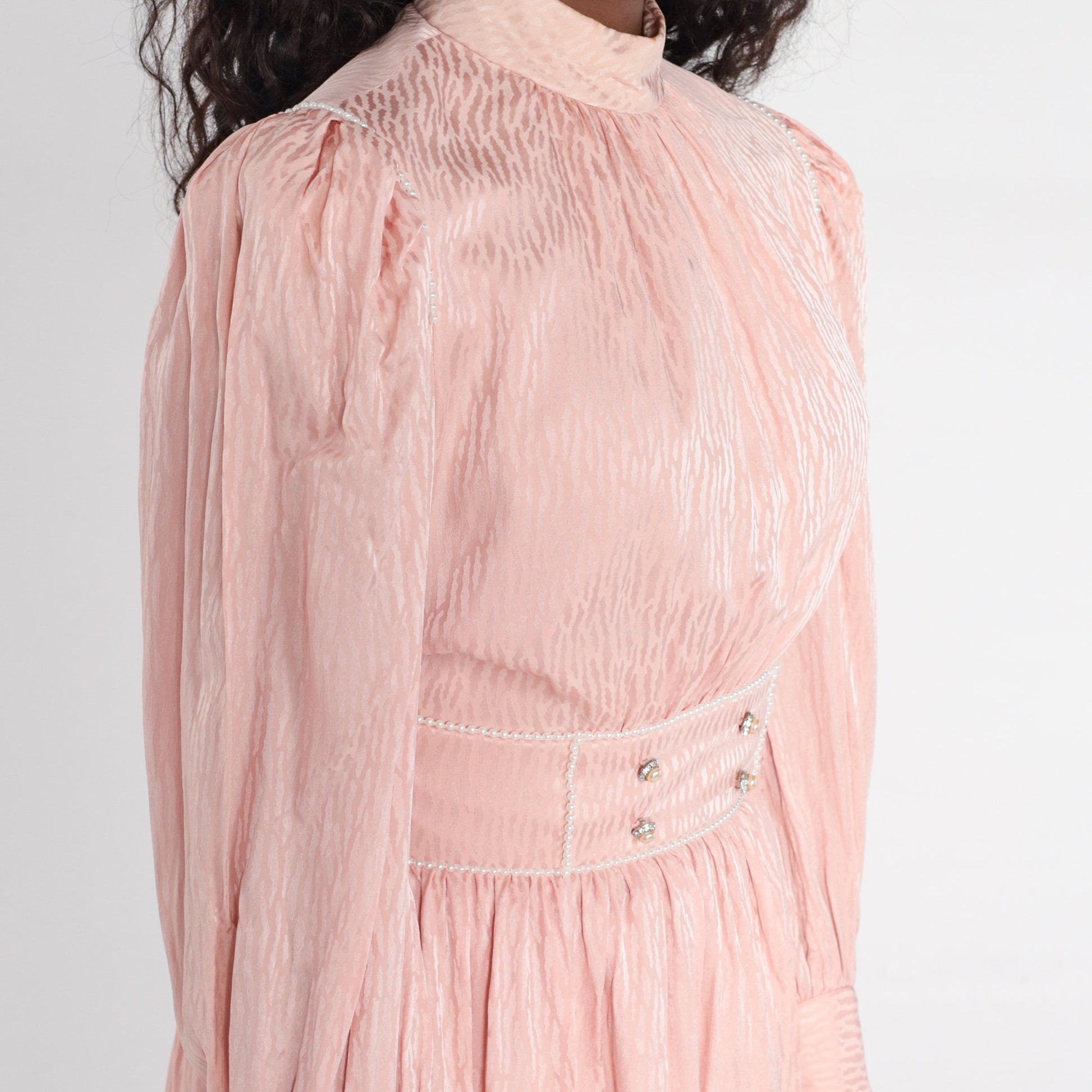 80s Diane Dickenson Saks Fifth Ave Baby Pink Midi Dress Puff Sleeve Small