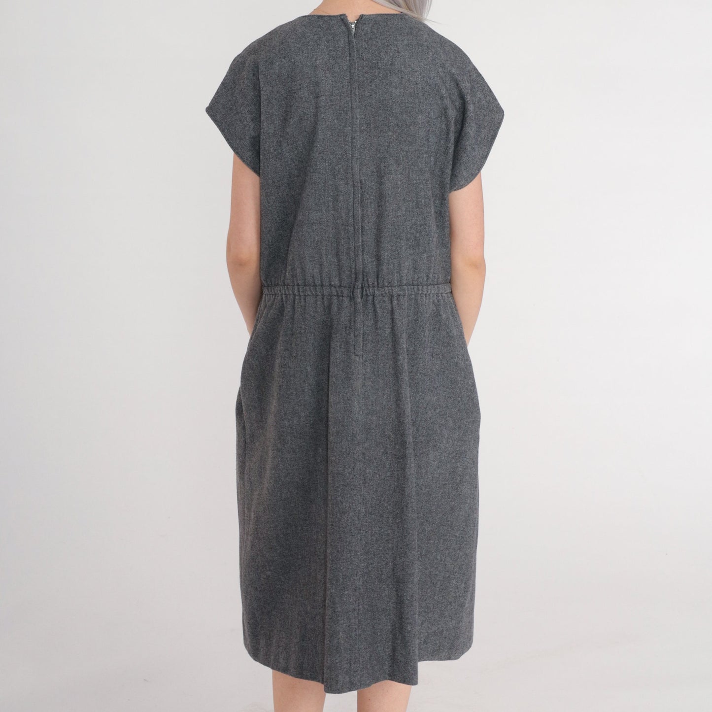 60s David Warren Wool Midi Dress Grey High Waisted V Neck Medium Large