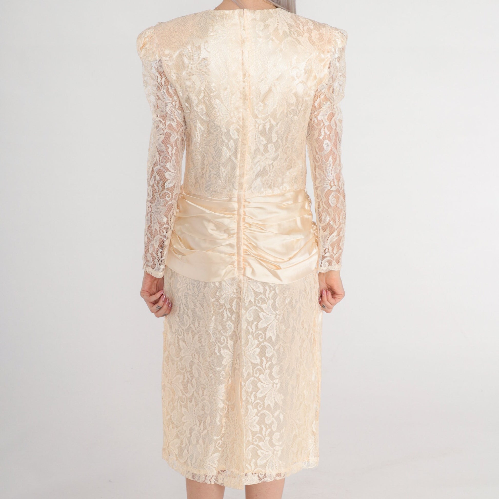 80s Peach Floral Lace Midi Dress Puff Sleeve Rosette Satin Drape Small