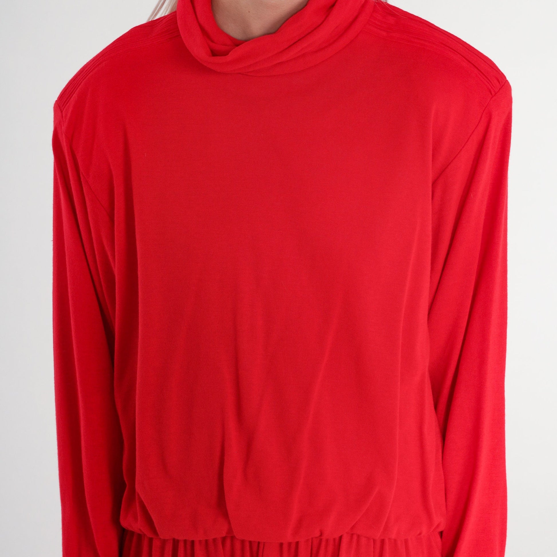80s Red Mini Dress Turtleneck Blouson Pleated High Waist Long Sleeve Large
