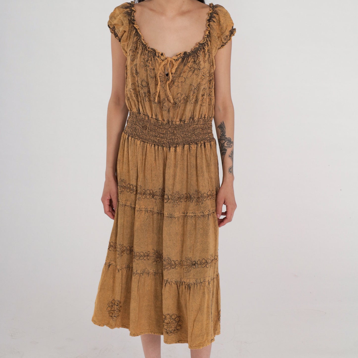 90s Indian Embroidered Floral Midi Dress Brown Cap Sleeve Medium Large