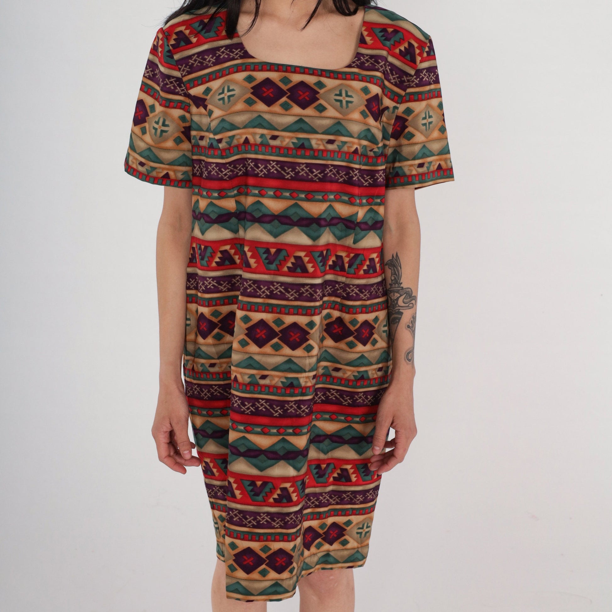 Y2K Geometric Striped Mini Dress Short Sleeve Shift Brown Red Green Large 12