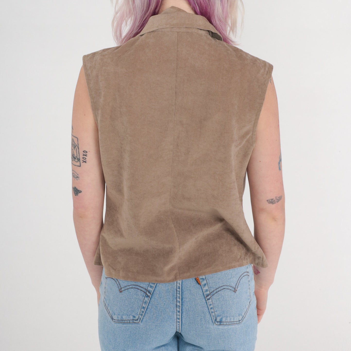 90s Taupe Faux Suede Button-Up Tank Top Sleeveless Collared Medium