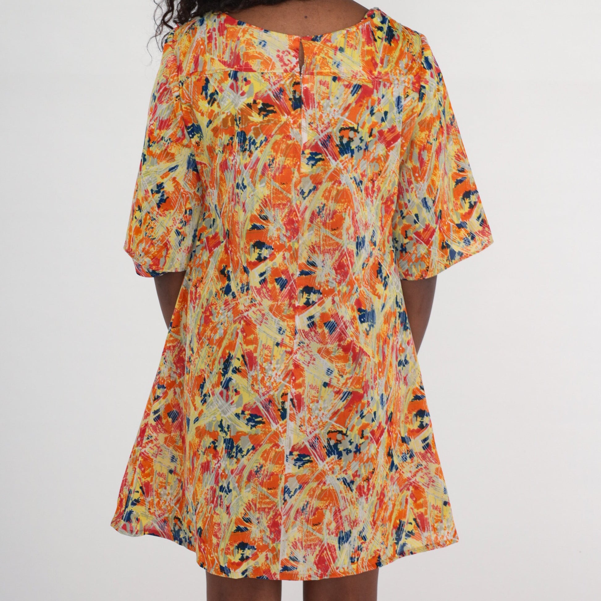 70s Psychedelic Mini Dress Empire Waist Bell Sleeve V Neck Medium Large