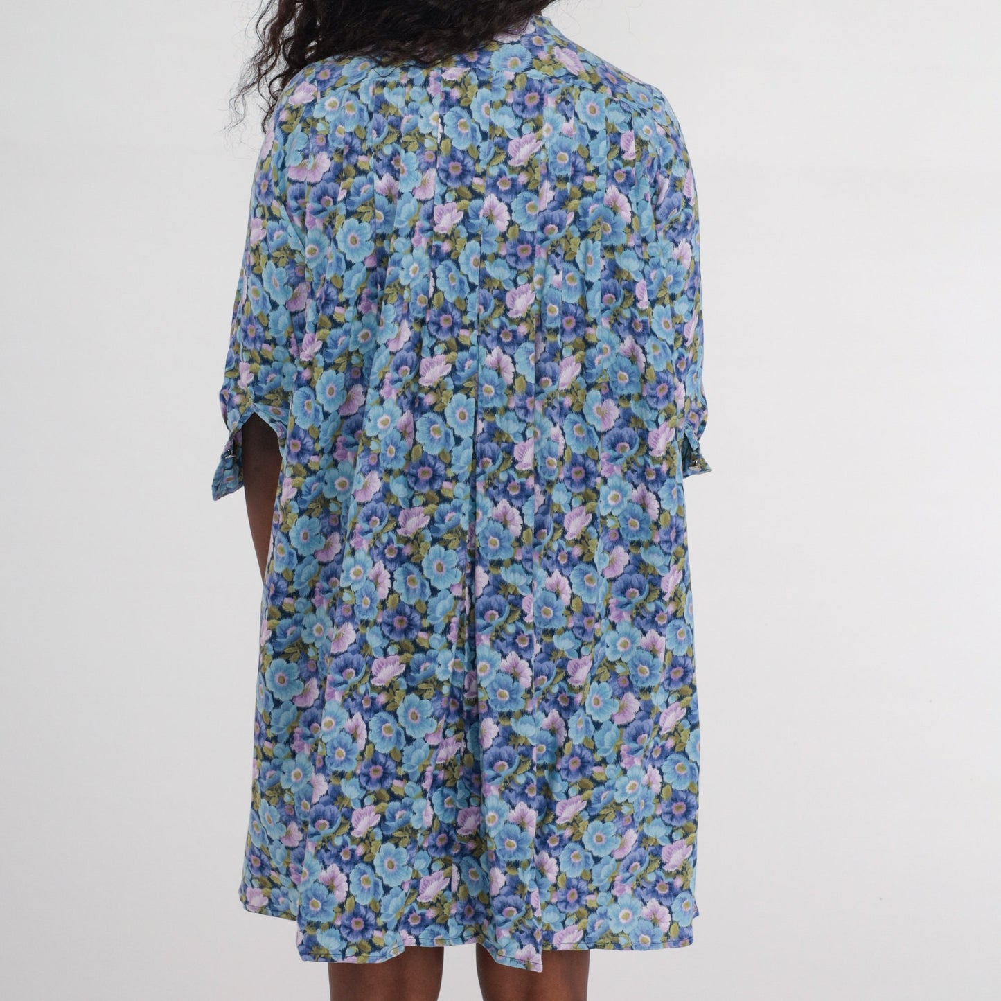 80s Floral Tent Dress Blue Purple Button Up 3/4 Sleeve Mini Small